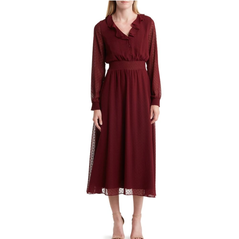 Nanette Lepore Red Midi Dress with Bishop Sleeves and Collar
